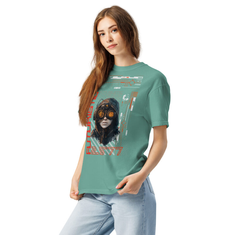 Unisex garment-dyed heavyweight t-shirt with Futuristic Cyber-Steampunk Fusion Design with Hooded Character art
