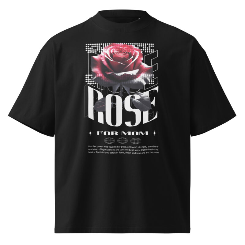 Unisex organic oversized high neck t-shirt with Urban Rose - Elegance & Strength art