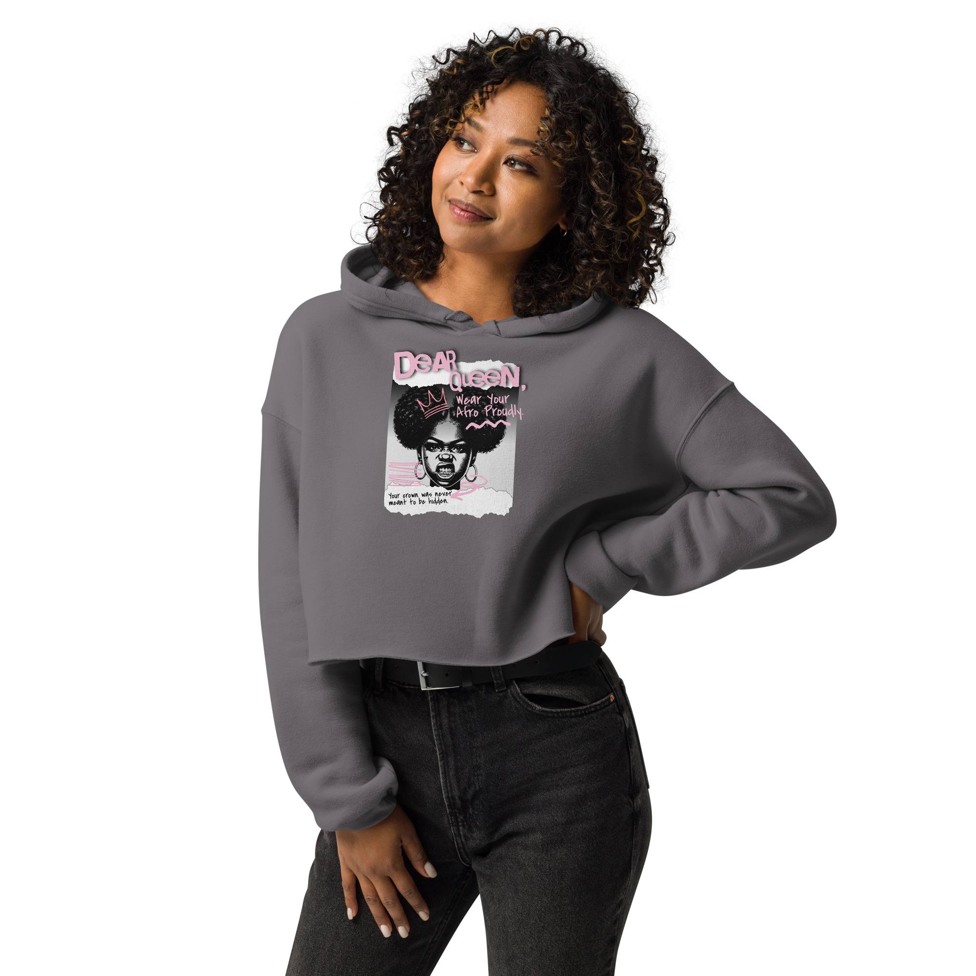 Dear Queen – Wear Your Afro Proudly | Black Pride Graphic Crop Hoodie - Image 7