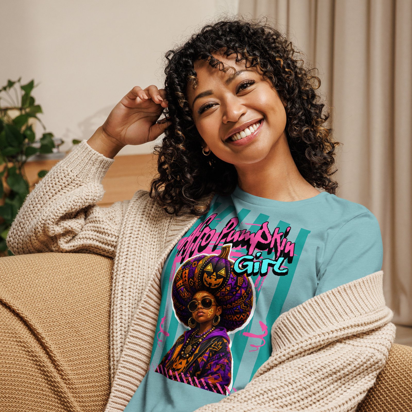 AFRO PUMPKIN GIRL – Afrocentric Halloween Art | Women's Relaxed T-Shirt - Image 11