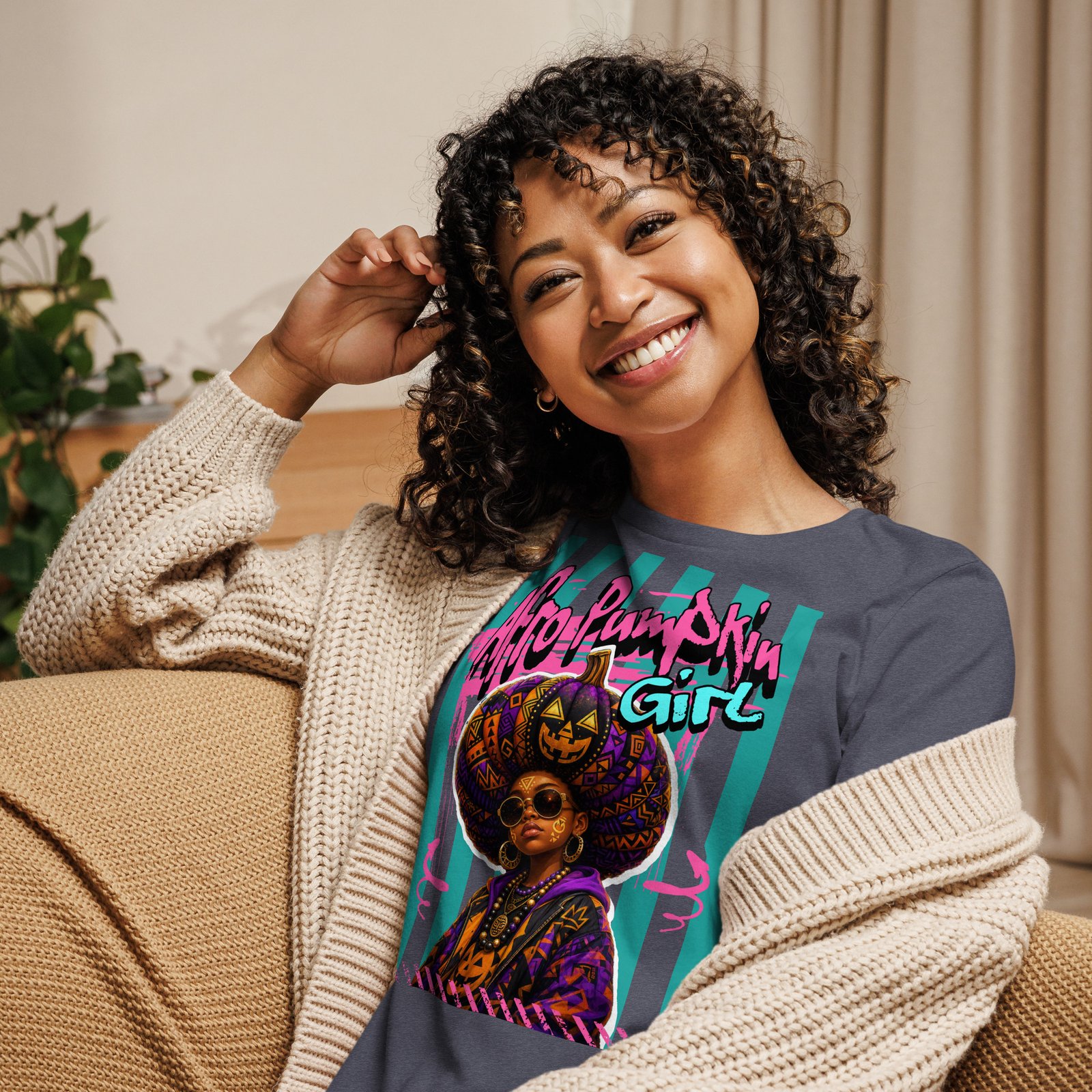 AFRO PUMPKIN GIRL – Afrocentric Halloween Art | Women's Relaxed T-Shirt - Image 10